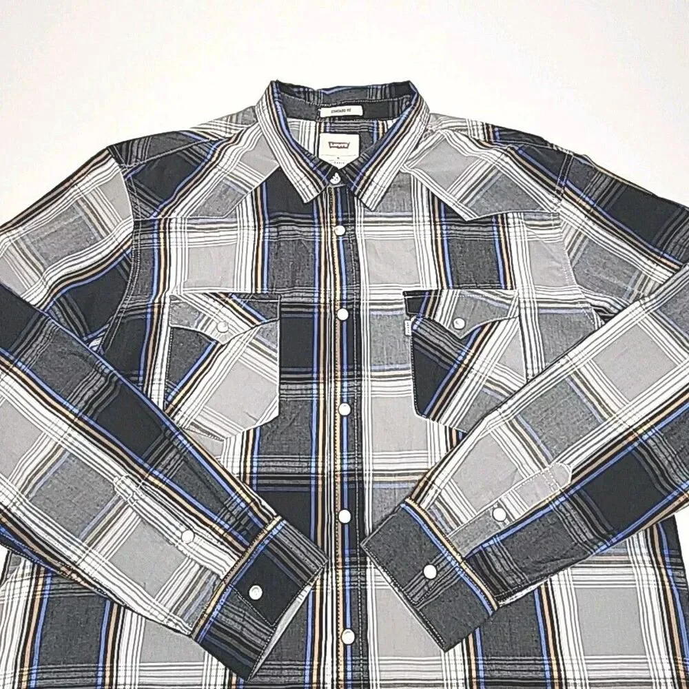 Levi's Shirt Western Cotton Pearl Snap Blue Gray Plaid Men Sz XL Standard Fit